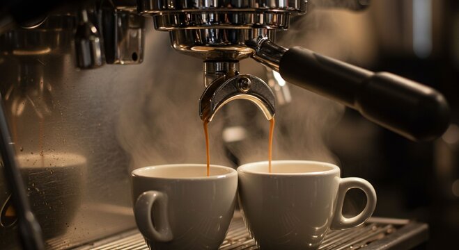 Espresso machine pouring coffee into cups - Powered by Adobe