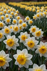 Fototapeta premium Close up of white daffodils with yellow centers in a field