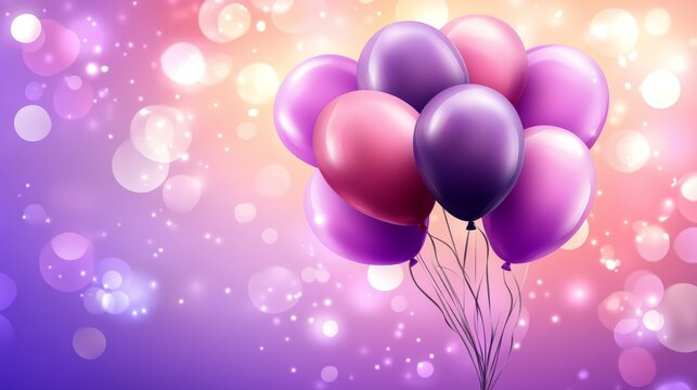 Festive pink and purple helium balloons floating against a vibrant colorful background for birthday celebration, party decoration, or festive invitation design




