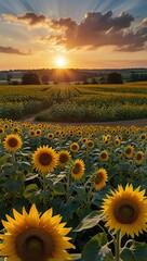 Fototapeta premium Vast sunflower field bathed in golden sunset light with dramatic clouds