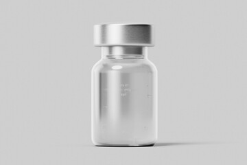 blank pharmacy and cosmetic injection clear glass vial bottle with liquid mockup template isolated in white grey background front view