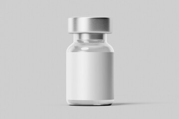 blank pharmacy and cosmetic injection clear glass vial bottle with paper label mockup template isolated in white grey background front view