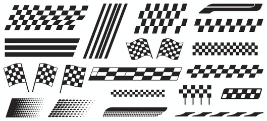 racing stripe vector set featuring dynamic checkered flag designs, race car decals, speed lines, and black and white motorsport graphics

