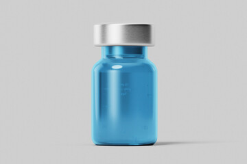 blank pharmacy and cosmetic injection blue colored glass vial bottle and silver metal cap with liquid mockup template isolated in white grey background front view