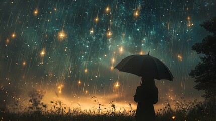 Silhouette with Umbrella Under Starry Rain, Night Scene