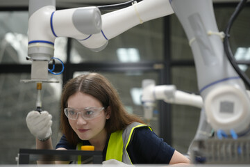 Caucasian engineer woman working on AI technology in robotics electronics engineering laboratory....