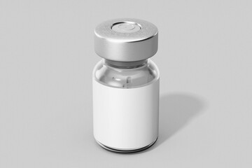 blank pharmacy and cosmetic injection clear glass vial bottle with paper label mockup template isolated in white grey background front view