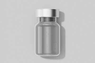blank pharmacy and cosmetic injection clear glass vial bottle with liquid mockup template isolated in white grey background top view