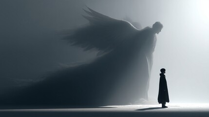 Small human gazing at a gigantic angelic shadow on a plain white background, ethereal and dramatic