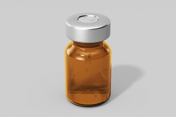 blank pharmacy and cosmetic injection amber colored glass vial bottle and silver metal cap with liquid mockup template isolated in white grey background front view
