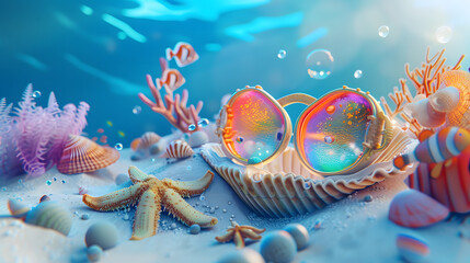 Dreamy 3d Illustration of an iridescent seashell