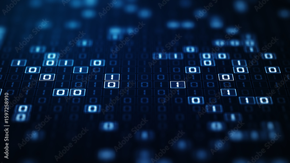 Poster abstract binary code data stream background in blue, symbolizing digital technology, cyber security,