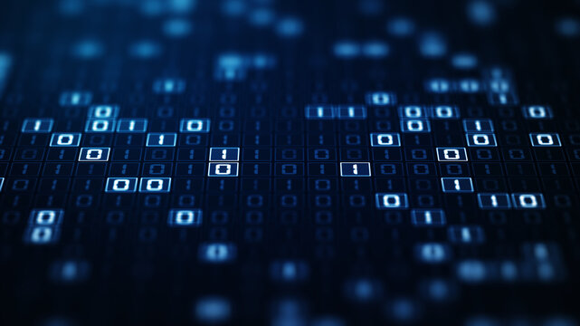 Abstract binary code data stream background in blue, symbolizing digital technology, cyber security, and big data processing
