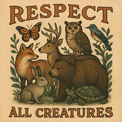 Obraz premium A group of diverse animals gather together under the words respect all creatures in a vintage illustration