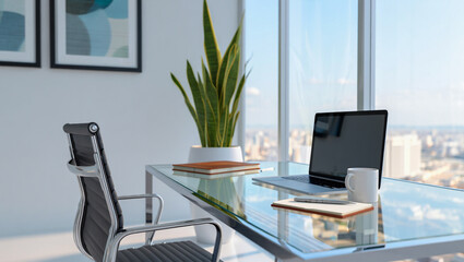 Fototapeta premium Modern Office Desk with Laptop, Minimalist Workspace and Home Office Setup