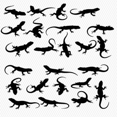 Collection of twenty-four black silhouette illustrations of lizards in various poses, including standing, crawling, and lying down.