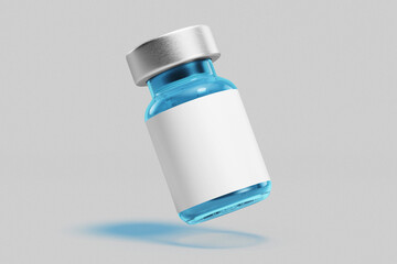 blank pharmacy and cosmetic injection blue colored glass vial bottle and silver metal cap with empty paper label mockup template isolated in white grey background floating left view