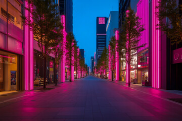 A high-resolution image of a long empty street illuminated by bright pink neon lights, capturing a retro-futuristic Tokyo City Pop aesthetic at night,