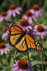 Naklejka premium Monarch butterfly with vibrant orange wings rests on a purple coneflower