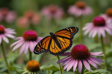 Naklejka premium Monarch butterfly rests on a purple coneflower in a garden setting