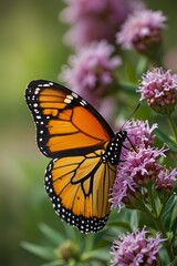 Fototapeta premium Monarch butterfly with orange wings and black markings feeding on pink flowers