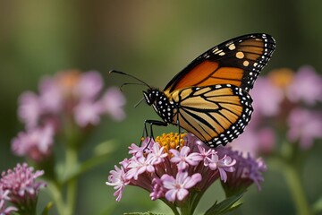Monarch butterfly with orange and black wings rests on a cluster of pink flowers