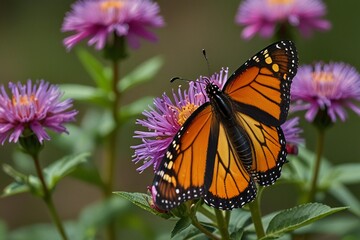 Fototapeta premium Monarch butterfly resting on a purple aster flower in a garden