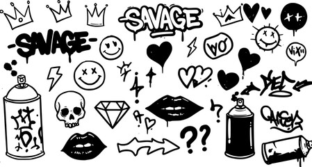a set of graffiti spray, including crowns, lightning, smiling faces, hearts, diamonds, skulls, question marks, arrows, lips, and the word "SAVAGE" in black 
