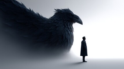 Person standing in the shadow of a massive mythical bird on a white background, fantasy and striking