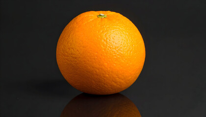 Single Orange Fruit with Textured Peel on Reflective Black Surface
