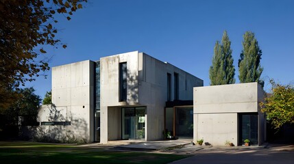Obraz premium Modern House Minimalist Small British Style Sunny Weather Vibrant Landscapes Crisp Details Radiant Lighting Elegant Design Sophisticated Ambiance Concrete Metro Charm (AI-Generated)
