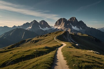 Winding dirt path leads across grassy alpine meadows towards jagged snow capped mountains
