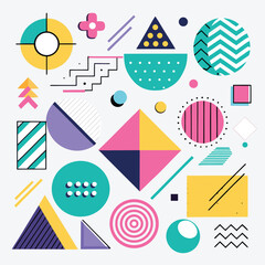 Memphis design elements mega set. Vector abstract geometric line graphic shapes, modern hipster circle triangle template colorful illustration