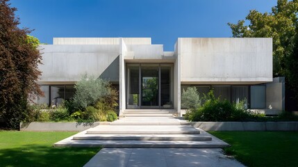 Modern House Minimalist Small British Style Sunny Weather Vibrant Landscapes Crisp Details Radiant Lighting Elegant Design Sophisticated Ambiance Concrete Metro Charm (AI-Generated)