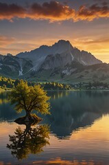 Fototapeta premium Lone tree reflected in calm lake at sunset