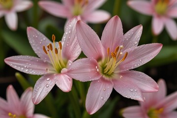 Fototapeta premium Delicate pink rain lilies with water droplets on petals in soft focus