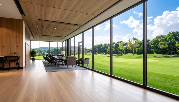Modern office meeting room with large windows overlooking golf course with green landscape. - Powered by Adobe