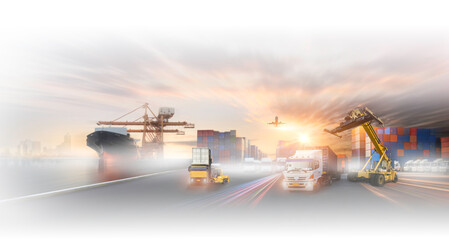 Container truck in ship port for business Logistics and transportation of Container Cargo ship and Cargo plane with working crane bridge in shipyard at sunrise, logistic import export