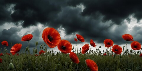 Obraz premium Vibrant red poppies bloom in a field under a dramatic dark stormy sky