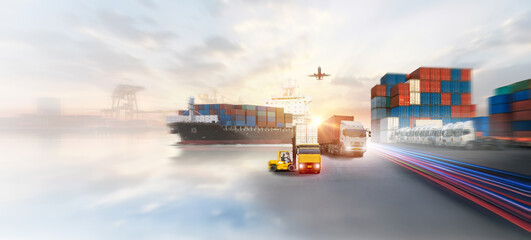 Container truck in ship port for business Logistics and transportation of Container Cargo ship and Cargo plane with working crane bridge in shipyard at sunrise, logistic import export 