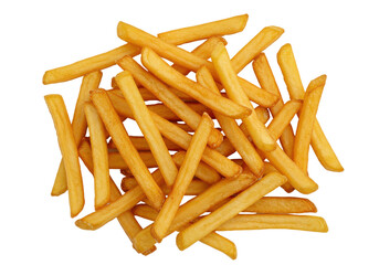 A pile of golden, crispy French fries on a clean white background, perfect for food photography