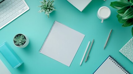 Workspace Flat Lay with Notebook, Keyboard, and Plants