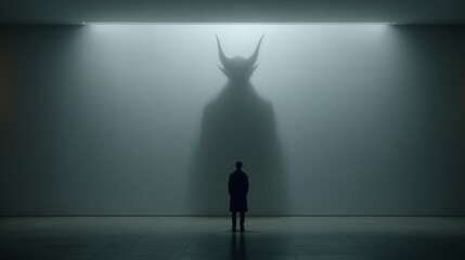 Lone figure in the shadow of a massive demonic silhouette on a white canvas, dark and ominous