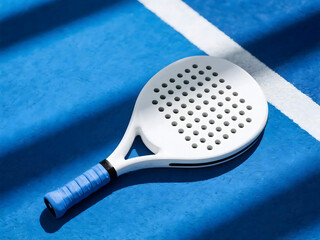 Plain padel racket and ball placed diagonally on a vibrant blue padel court