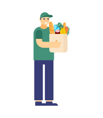 delivery person in a green cap and shirt carries a box of groceries. Symbolizes online food delivery, courier service, contactless shopping, or e-commerce convenience.