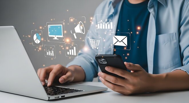 Digital marketing strategy with laptop, phone, and floating icons for business growth - Powered by Adobe