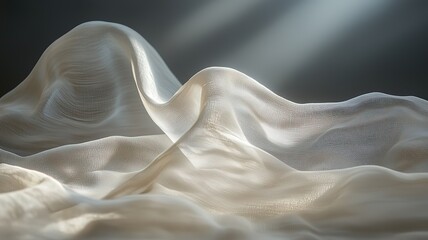 Time-lapse of sunlight crawling across rumpled linen with dust mote quantum trails in Scandinavian void