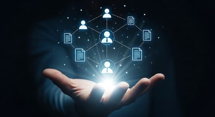 Hand Holding Holographic Network of People and Documents