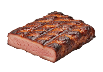Succulent smoked brisket slice with a charred crust, showcasing juicy pink meat and grill marks