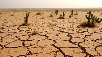Cracked dry earth in an arid desert landscape, illustrating drought and the parched texture of the land HD video footage